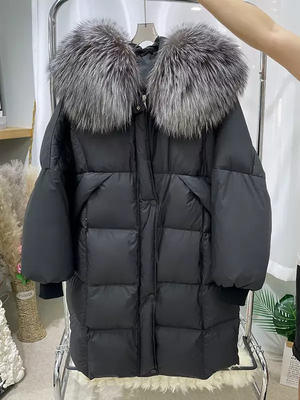 Nowa zimowa damska ciepła biała gęsia kurtka z prawdziwego naturalnego futra z lisa długi płaszcz gruby luksusowy strój wierzchni damski Streetwear