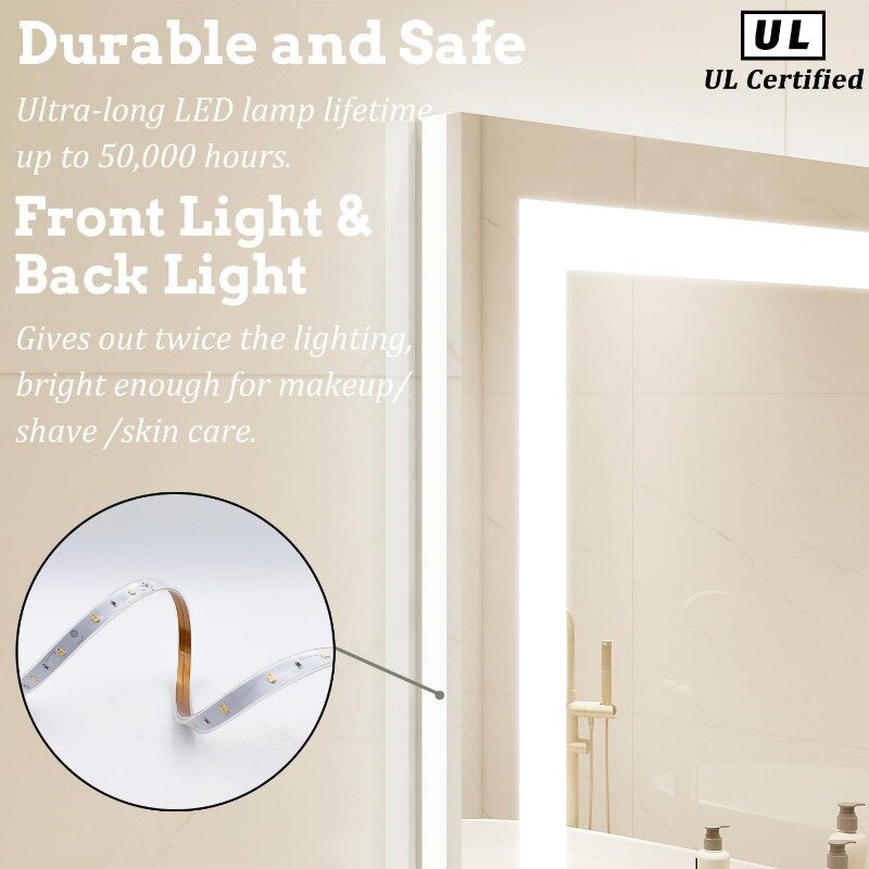 Espelho de vaidade do banheiro LED quadrado, espelho de maquiagem regulável, interruptor anti-fog touch, frontal e retroiluminado, luz de 3 cores, 32 em X 32 em