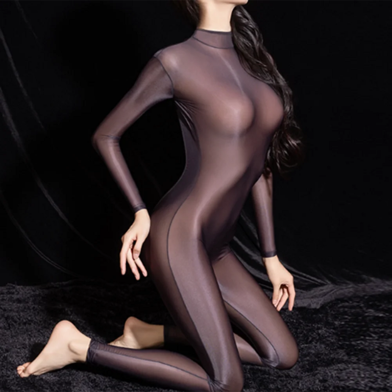 Women Sheer Oil Glossy Bodysuit See Through Backless Jumpsuit High Elastic Tight Ultra-Thin Body Stockings Seductive Lingerie