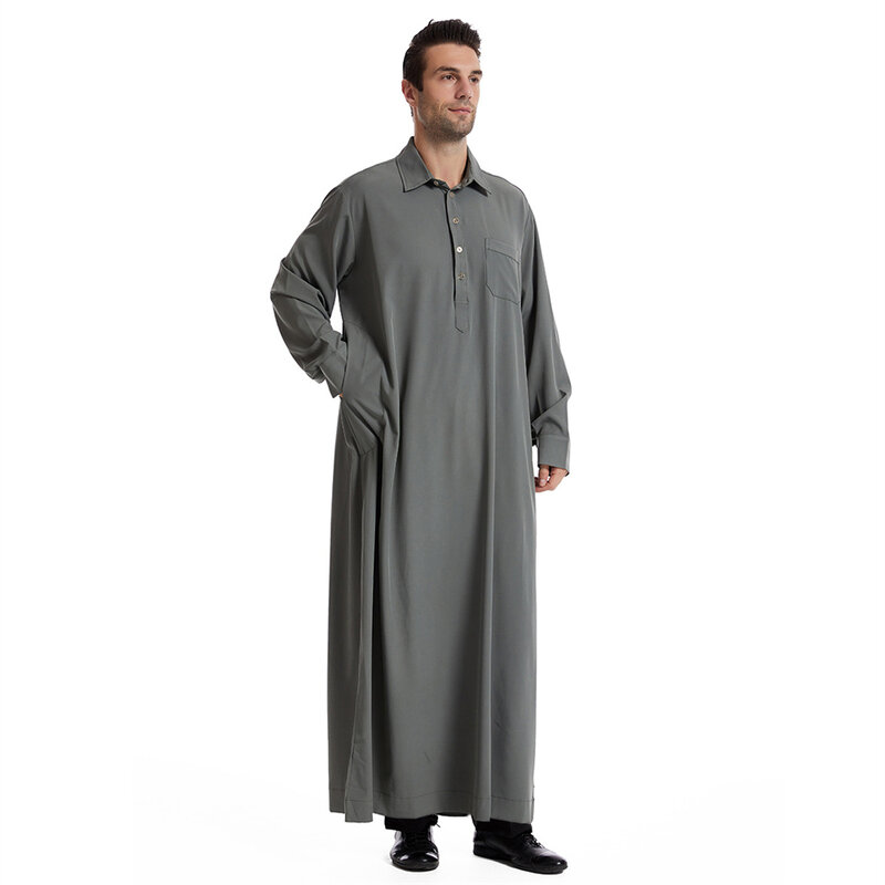 Juba Thobe manga comprida para homens muçulmanos, túnico azul, colarinho de botões, roupa islâmica Ramadan, vestido maxi muçulmano de oração casual Abaya