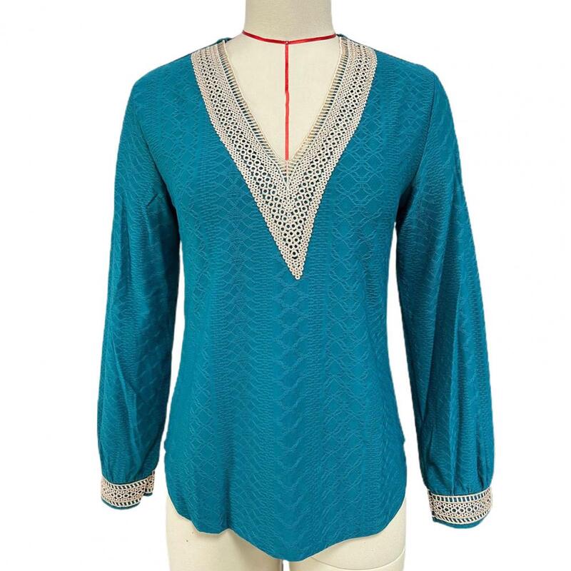 Top de encaje con cuello en V para mujer, jersey de retazos, camiseta informal suave de longitud media, blusa para primavera y otoño