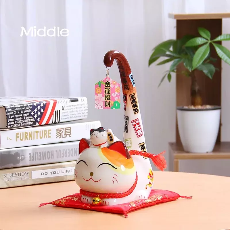 Estilo japonês Maneki Neko cerâmica Lucky Cat, Estátua do gato de cauda longa dos desenhos animados, Ornamento Feng Shui, Decoração Home Business, 1pc