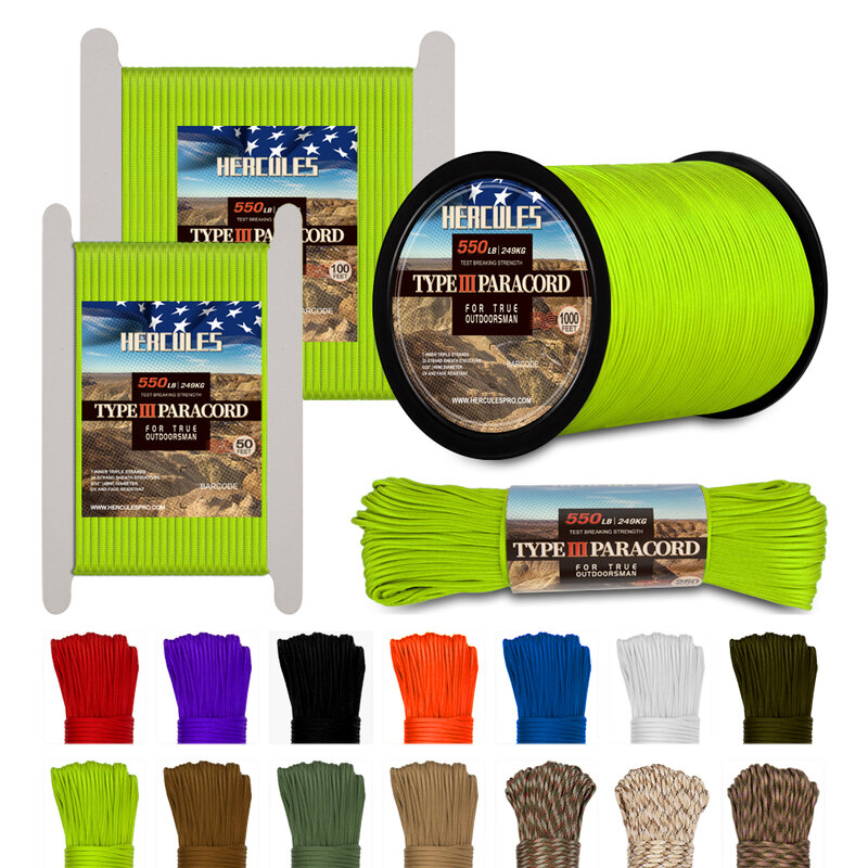 HERCULES-Reflective Paracord for Survival, Type III, 550 Paracord Rope, Parachute Cord, Green, 50 FT100FT, 250FT