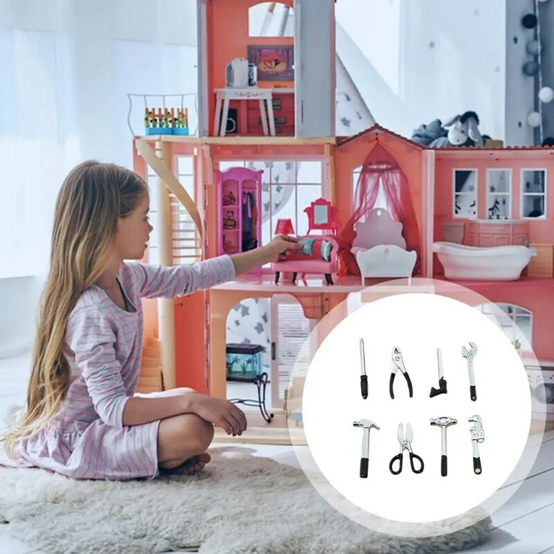 ชุดเครื่องมือสำหรับบ้านตุ๊กตาขนาดเล็ก8ชิ้น, ชุดเครื่องมือซ่อมแซมบ้านตุ๊กตาขนาดเล็กสำหรับตกแต่งเพลย์เฮาส์
