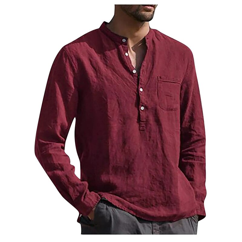 Camisas de manga larga de lino y algodón para hombre, camisas sueltas de cuello alto, Color sólido, informal, diseñador, primavera y verano