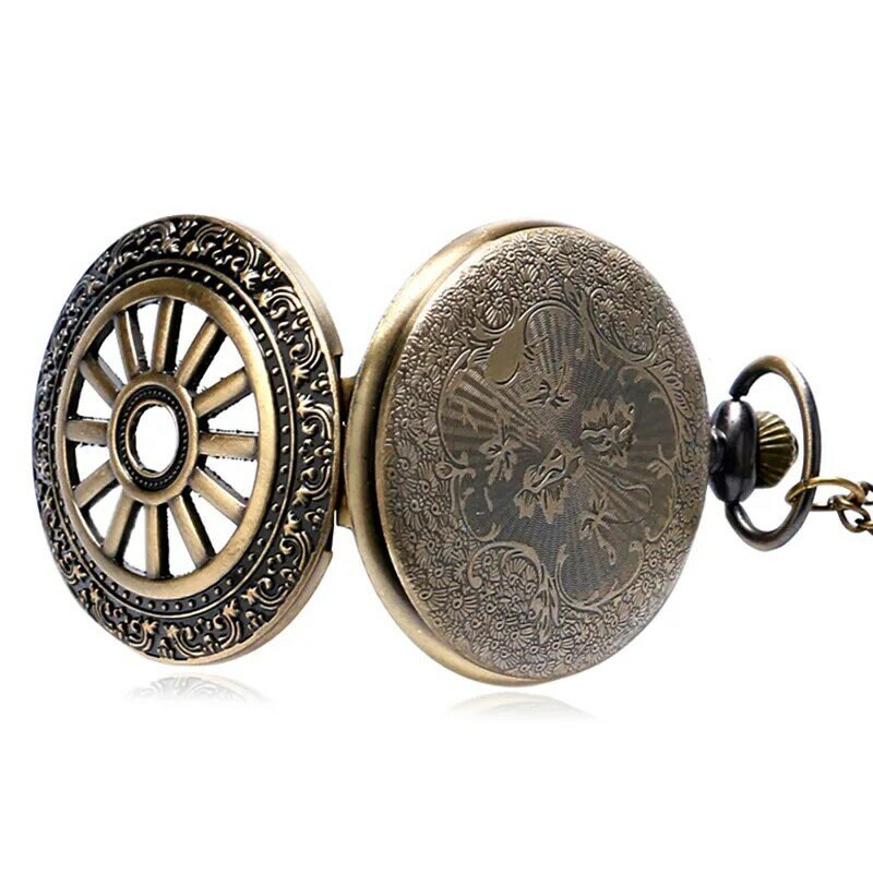 Old Fashion Hollow Out Wheel Cover Unisex Quartz Analog Pocket Watch Necklace Pendant Chain Arabic Numeral Display Clock Gift
