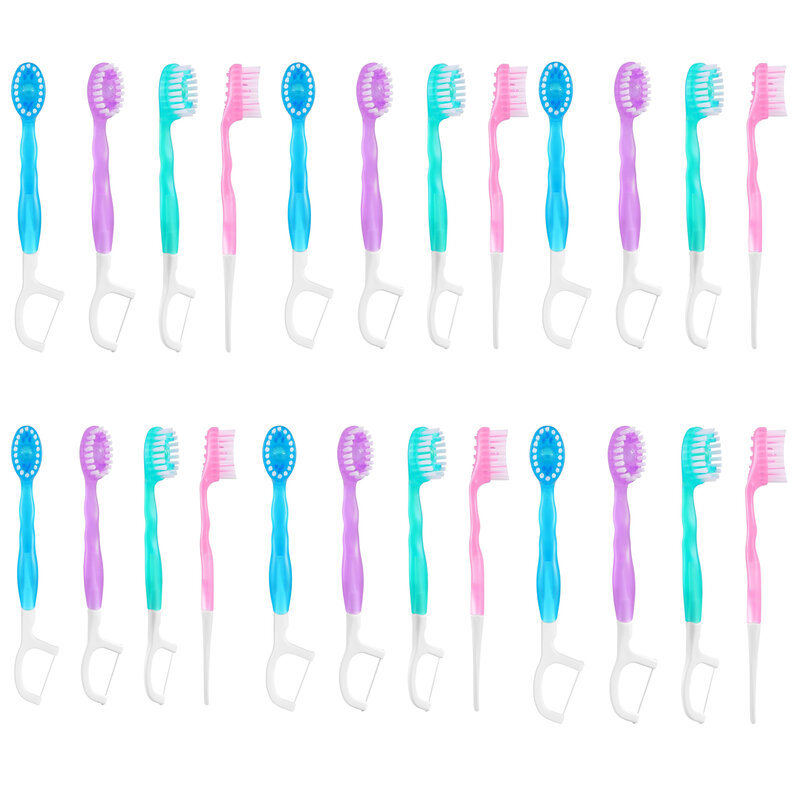 Mini cepillo de dientes de viaje desechable, cuidado bucal completo, incluye cepillo de dientes, pasta de dientes, limpiador de lengua, hilo Dental y púas, paquete de 24