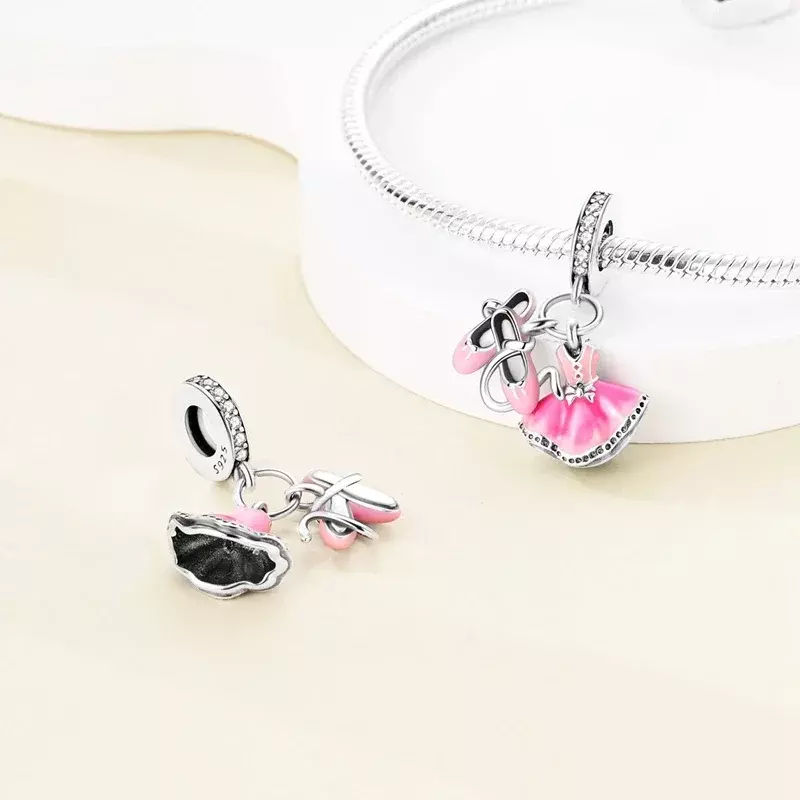 925 Sterling Silver Pink Ballet Shoes Skates Pendant Charms Fit Original Pandora Bracelet Necklace Jewelry Making for Women Gift