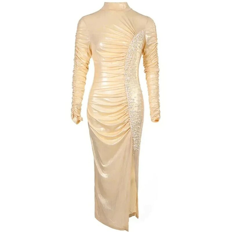 Suknia wieczorowa z do kostek pereł seksowna strona sukienki z rozcięciem najwyższej jakości sukienki na szyję dla kobiet z pełnym rękawem