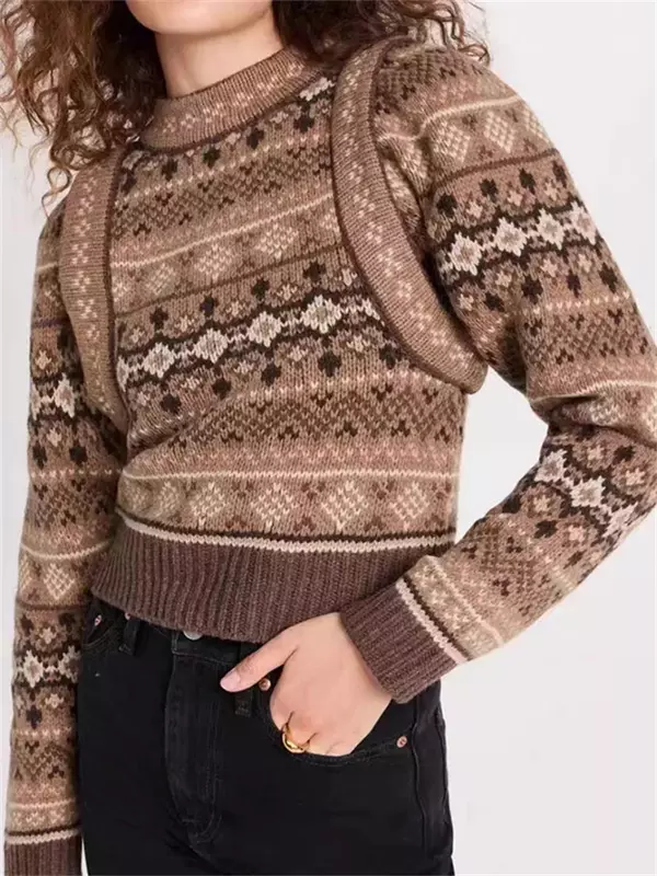 Damen pullover O-Ausschnitt geometrischer Jacquard Herbst Winter Retro Woll pullover
