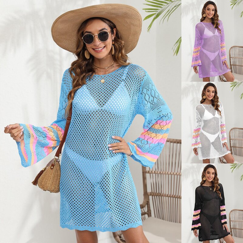 Cover-up feminino para férias de praia, cor de contraste, top biquíni, vestido tecido, novo estilo, 2024