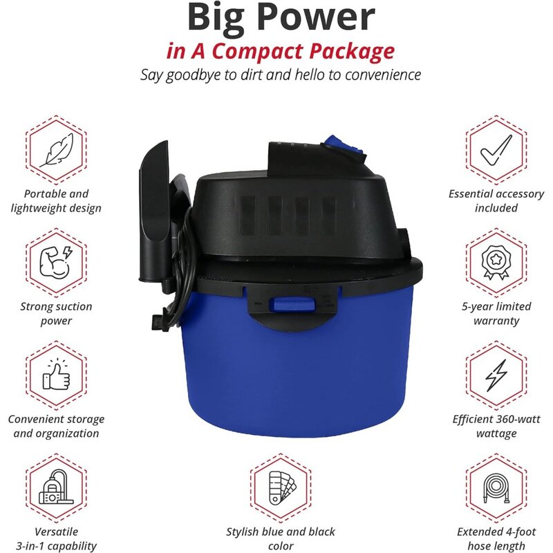 WD-2.5 L Portable Wet/Dry, 2.5 Gallon 2.5HP Wall Mountable Vacuum, Blue+Black, 5 Year Warranty