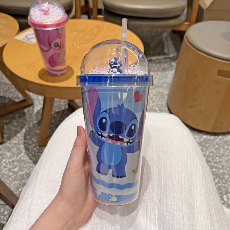 Disney 450ML Lilo & Stitch cangkir air plastik lapisan ganda dengan sedotan Mug hadiah kreatif portabel untuk susu kopi teh cangkir praktis