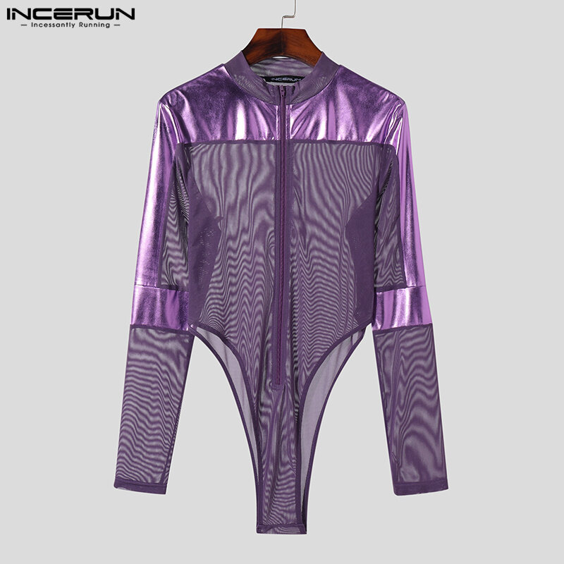 INCERUN Men Bodysuits Mesh Patchwork Shiny Transparent Zipper O-neck Long Sleeve Male Bodysuit Streetwear 2023 Fashion Rompers