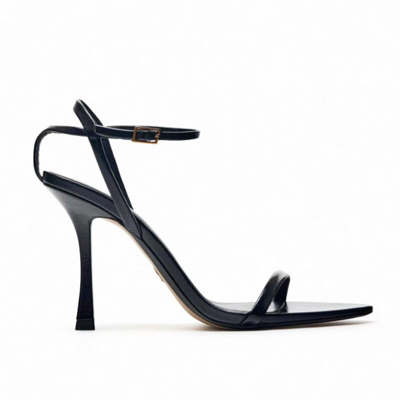 Сандалии на высоком каблуке женские летние черные модные туфли на тонком каблуке с открытым носком Большие размеры