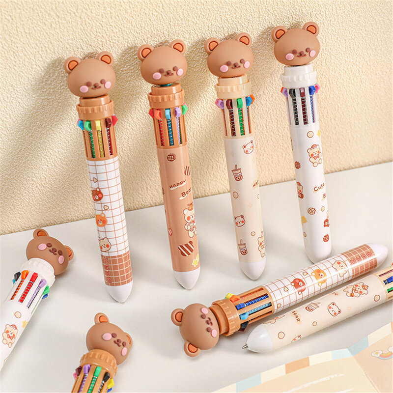 Шариковые ручки с милым медведем, 10 цветов, творческая мультяшная ручка с прессом, разноцветные гелевые ручки, рождественский подарок