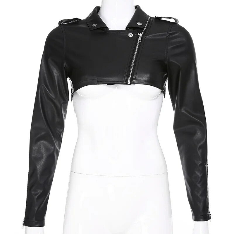 ZURICHOUSE Slim Cropped Leather Jacket Women Streetwear Long Sleeve Zipper Black PU Leather Motorcycle Jackets 2024 Tops Coat