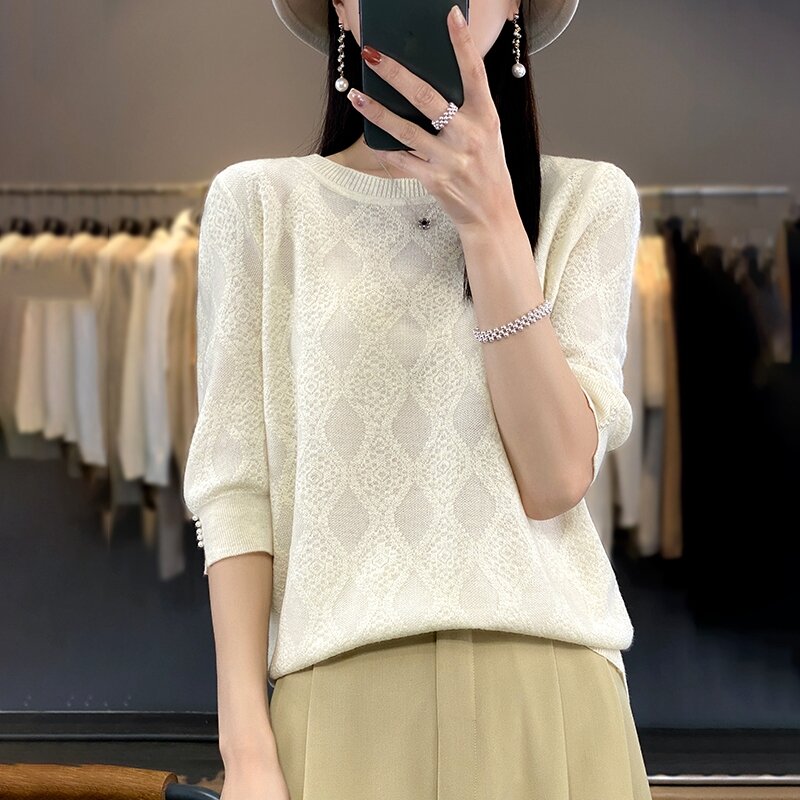 Spring Women 100% Worsted Wool Sweater O-neck Pearl Half Sleeve Stereo Engraving Geometry Pullover Casual Knit Tops