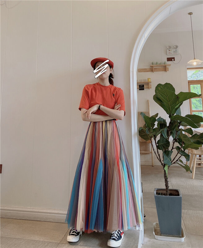 女性のためのシックなレインボーストライプのメッシュスカート,虹色の高品質スカート,春と夏,2023