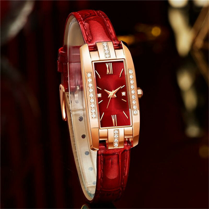 Luxury นาฬิกาแฟชั่นผู้หญิงใหม่ Vintage Rhinestones หนังโรมัน Square Dial นาฬิกาข้อมือควอตซ์