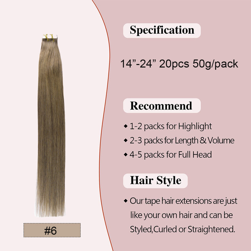 Tape in Hair Extensions Human Hair Seamless Invisible Tape in Extensions Chestnut Brown #6 20pcs 50g Free Shipping For Full Head