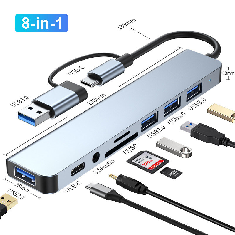 HUB USB 3.0 USB C 8-IN-2, stasiun Dok HUB 5Gbps transmisi kecepatan tinggi pembagi USB Tipe C ke adaptor OTG USB untuk Macbook Pro