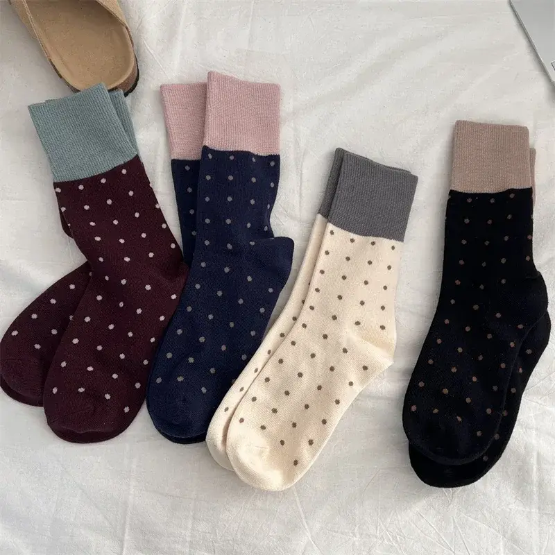 Носки женские хлопковые в японском стиле, свободные повседневные короткие носки в горошек, впитывающие пот, в стиле ретро, 4 пары