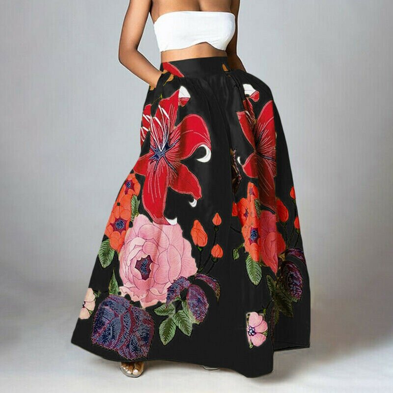 Women's Fashionable Bohemian Flower Printing Large Swing Skirts Loose High Waisted Long Half Bodies Skirts With Pocket For Women