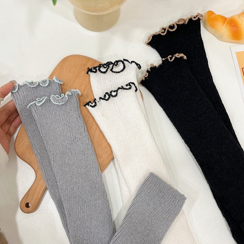 Ruffled edge knit Women Leg warmers Japanese Sweets Solid Pile up cotton Wool socks Y2k Winter stocking Lolita accessories