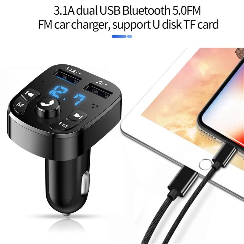 12V Bluetooth Car Adapter FM Transmitter with Fast Charging Handsfree Kit Audio Receiver Car Accessory for Phone and Music USB