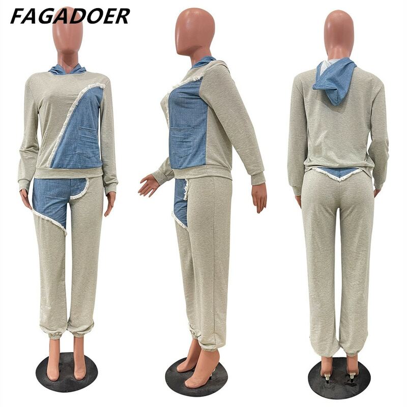 FAGADOER Fall Winter Casual Hoody Two Piece Sets Women Outfits Fashion Denim Splicing Long Sleeve Pullover And Pants Tracksuits