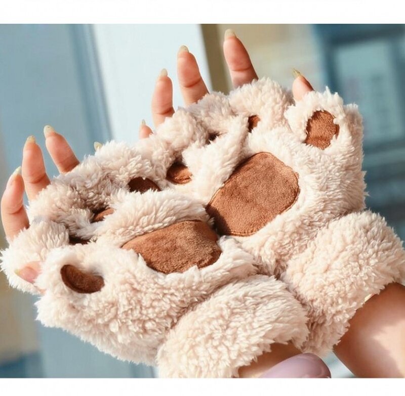 Мультяшные милые искусственные перчатки, женские плюшевые варежки, теплые мягкие плюшевые короткие безпальцевые пушистые перчатки с медведем, котом, Костюмные полупальцевые перчатки
