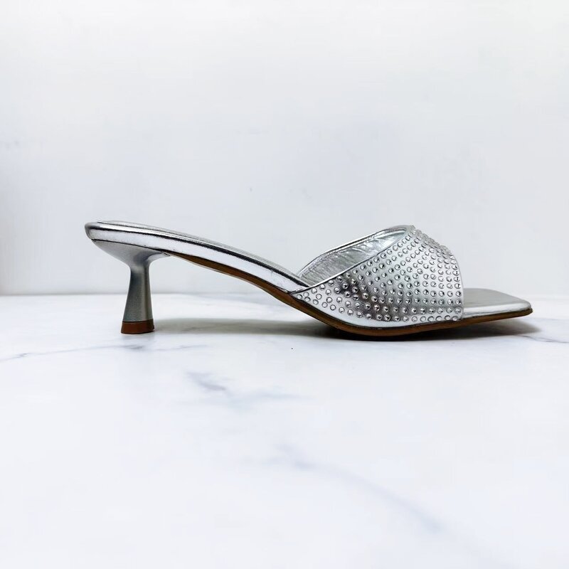 Sandália de salto alto de ponta aberta feminina, metal brilhante prateado, sapato para verão, novo, 2022