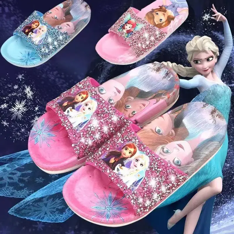 Туфли Disney «Холодное сердце» для девочек, красивые Мультяшные тапочки принцессы, плоская подошва, пляжные домашние тапочки, внутри и снаружи