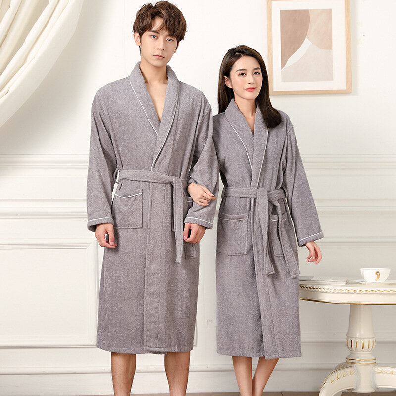 100% คู่รักผ้าฝ้ายยาวหนาดูดซับ Terry Bath Robe Kimono น้ำหนักเบาผ้าเช็ดตัวเสื้อคลุมอาบน้ำชุดนอนผู้หญิงโรงแรมชุด Robes