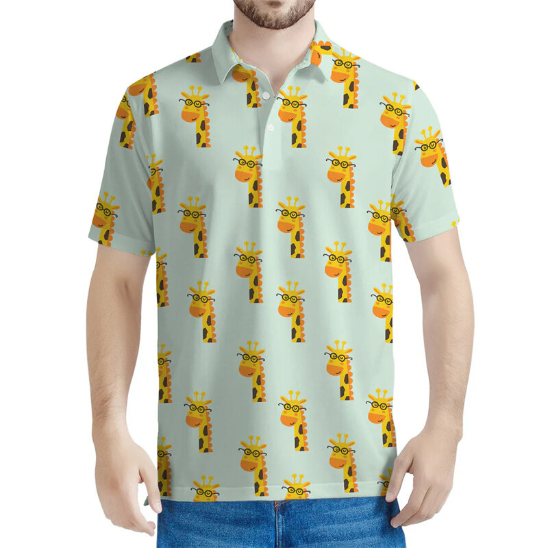Cartoon Giraffe Pattern Polo Shirt Men Kids 3D Printed Animals Tee Shirts Casual Oversized T-Shirt Lapel Button Short Sleeves