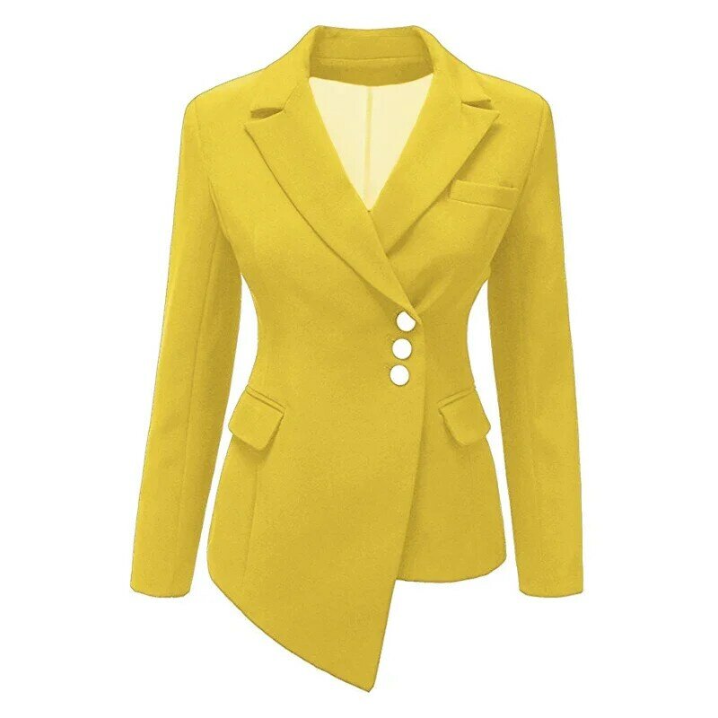 Fall 2023 Women's Lapel Coat Coat Solid Color Long-sleeved Single-breasted Office Ladies Pocket Cotton Asymmetric Casual Blazer