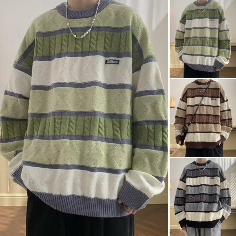 Men Sweater Autumn Winter Thickened Casual Pullovers Tops Contrast Color Striped O-Neck Long Sleeve Knitwear Men's Clothing