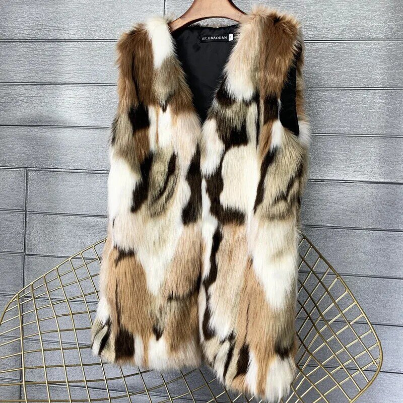 Chaleco de piel de zorro sintética de longitud media para mujer, chaqueta cálida, chaleco suave, contraste de Color, Patchwork, europeo y americano, Invierno