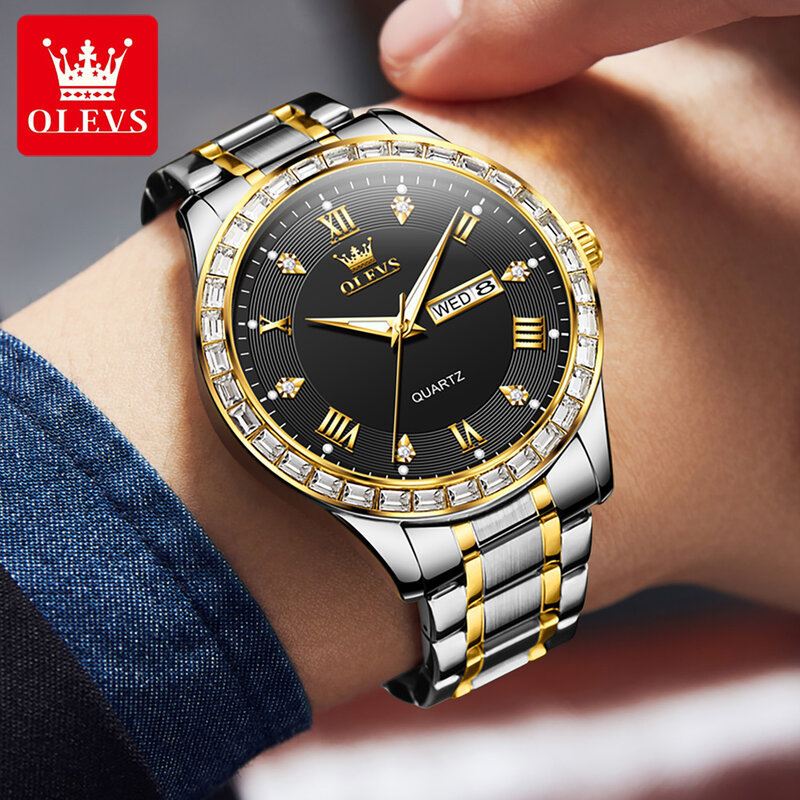 OLEVS jam tangan pria 9906, arloji Stainless steel kalender minggu kuarsa tahan air bercahaya berlian asli gaun mewah