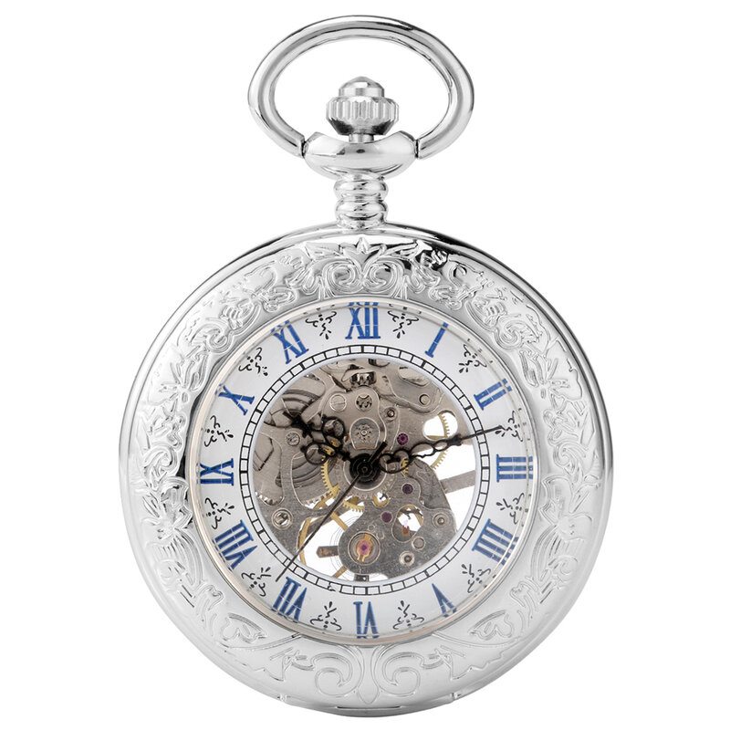 Relojes de bolsillo con esfera de números romanos azules, reloj de bolsillo mecánico plateado bobinado a mano, cubierta transparente redonda, colgante, regalo