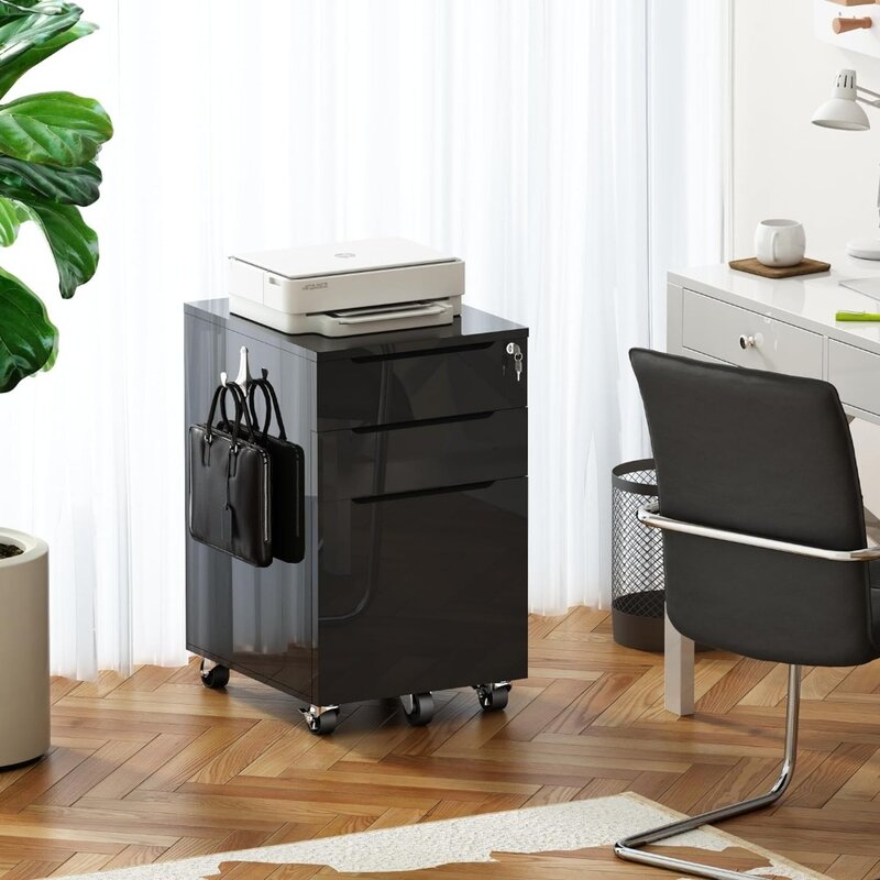 High gloss file cabinet with lock, suitable for legal size/A4/3-drawer rolling file cabinet, under desk file cabinet with hooks,