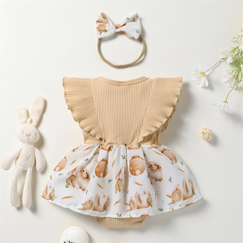 Vestido con estampado de conejo para niñas recién nacidas, traje encantador, manga con mosca, cuello redondo, conjunto de diadema con lazo, ropa de verano, 0 a 18M