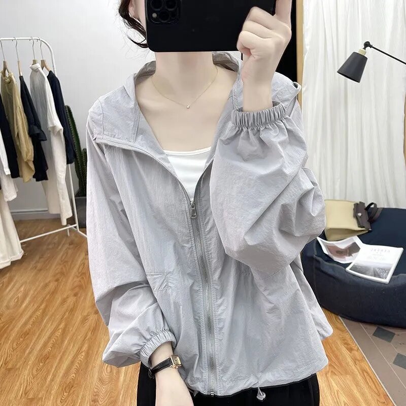 Korean Thin Solid Color Female Hooded Sun Protection Tops Coat Summer Women Loose Fitting UV Protection Sun Protection Jacket