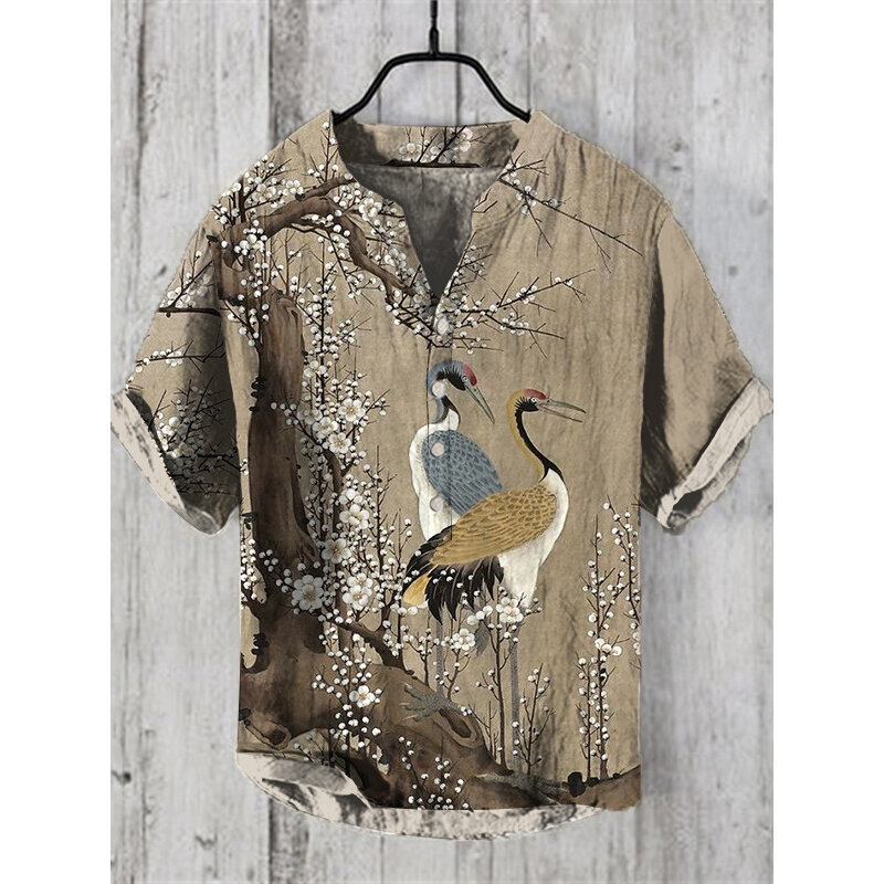 Camisa de manga corta con estampado 3D de grulla, Jersey holgado informal de lino de bambú, abotonado, tendencia generada, novedad