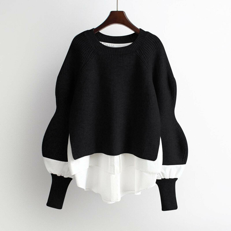 Modny jednolity kolor damski sweter 2023 luźne swetry z okrągłym dekoltem jesienno-zimowa lampiona z dzianiny bluzki damskie swetry