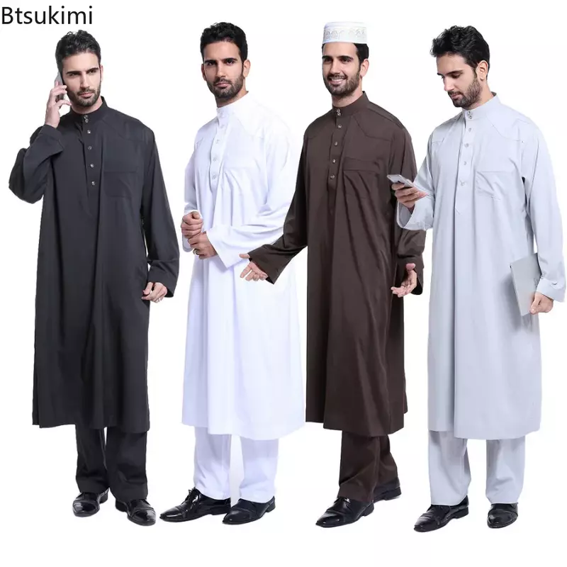 Uomini arabi musulmani Jubba Thobe Button Robe + pants2pcs vestiti vestito Abaya Arabia saudita Eid turchia Kurtas abito quotidiano musulmano islamico