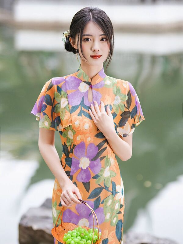 Fashion Vintage Women Girls Flying Sleeve Cheongsam Dress Sexy Drop Collar Floral Printed Chiffon Qipao