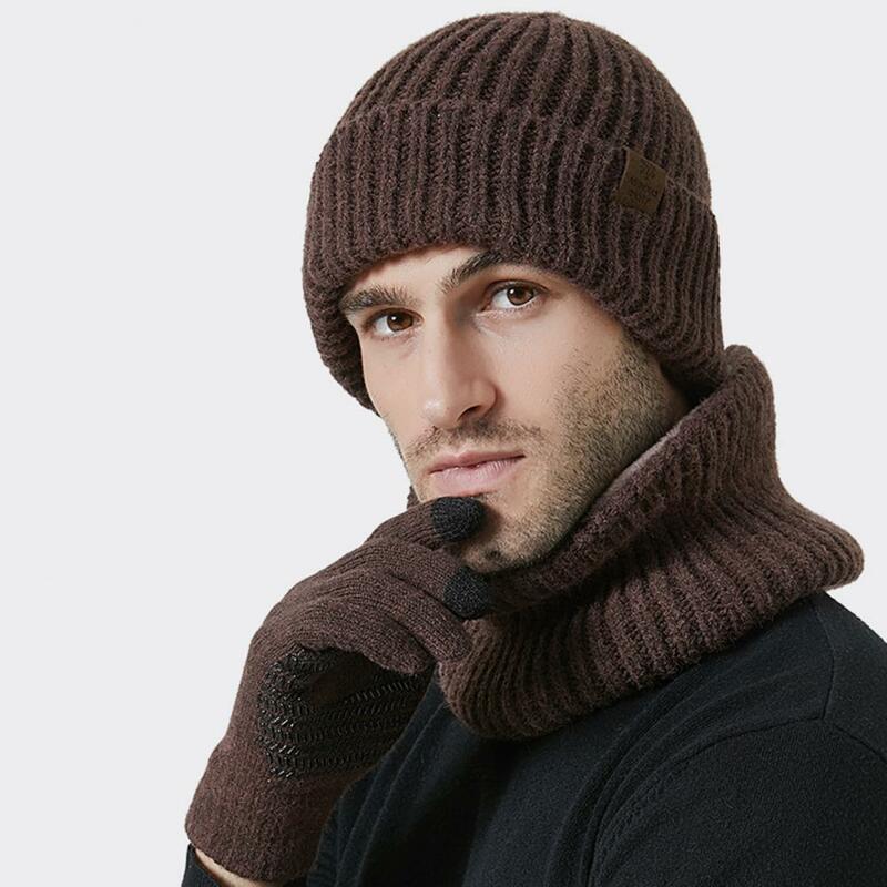 Шапка шарф перчатки набор из 3 шт. унисекс зимняя шапка бини длинный шарф перчатки для сенсорного экрана однотонная вязаная шапка для мужчин