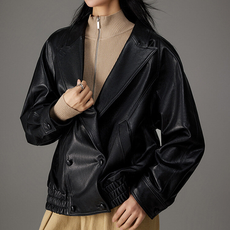 여성용 천연 가죽 재킷, 풀 식물 무두질 양 피부, 캐주얼 블랙 오토바이 재킷, 가을 및 겨울, 2023 신상